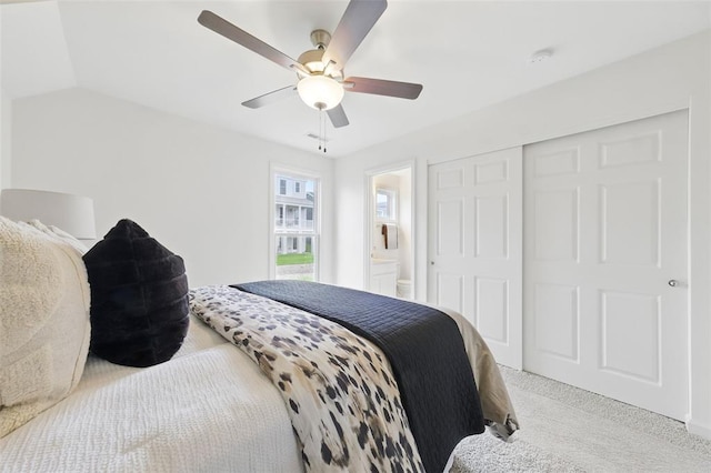 4001 Marais Temps Clair Dr, Saint Charles, MO 63304 - bedroom featuring light carpet, a closet, ceiling fan, and ensuite bath