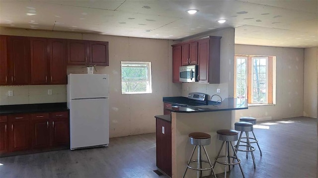 2357 Pine St, Centerville, MO 63633 - kitchen with stainless steel appliances, light wood finished floors, dark countertops, a kitchen breakfast bar, and dark brown cabinets