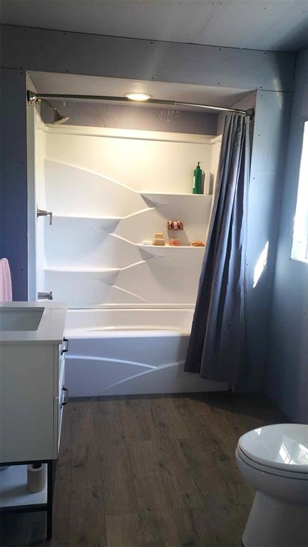 2357 Pine St, Centerville, MO 63633 - full bath with wood finished floors, toilet, vanity, and shower / tub combo with curtain