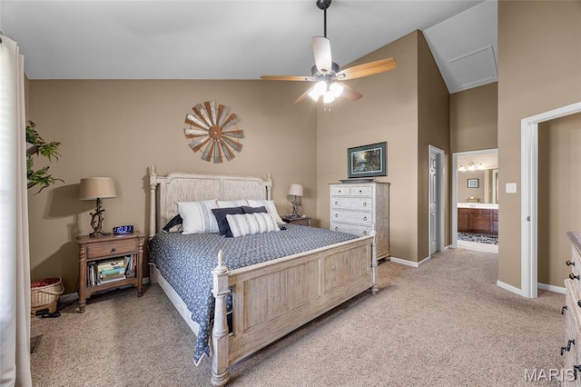 8525 Sagamore Dr, Cedar Hill, MO 63016 - bedroom with light carpet, connected bathroom, a ceiling fan, and high vaulted ceiling