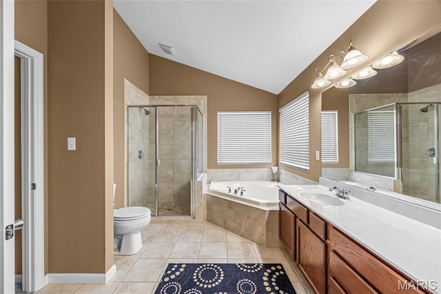 8525 Sagamore Dr, Cedar Hill, MO 63016 - full bathroom with a garden tub, tile patterned flooring, lofted ceiling, a stall shower, and vanity