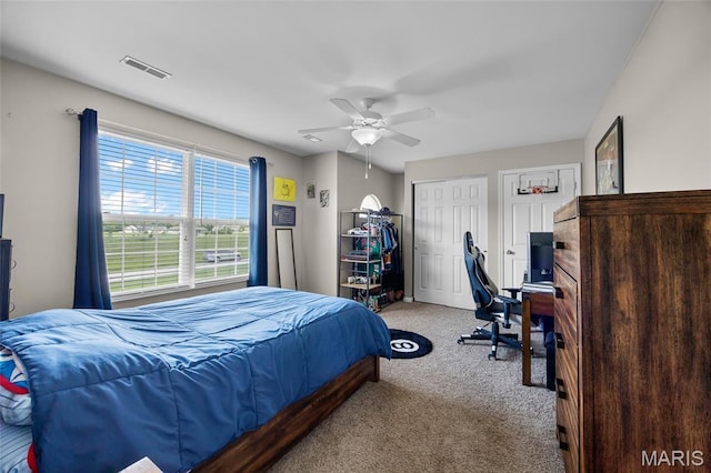 8525 Sagamore Dr, Cedar Hill, MO 63016 - carpeted bedroom with a desk, a ceiling fan, and multiple closets