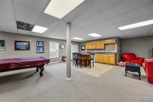 8525 Sagamore Dr, Cedar Hill, MO 63016 - rec room featuring light carpet, wet bar, a paneled ceiling, and billiards