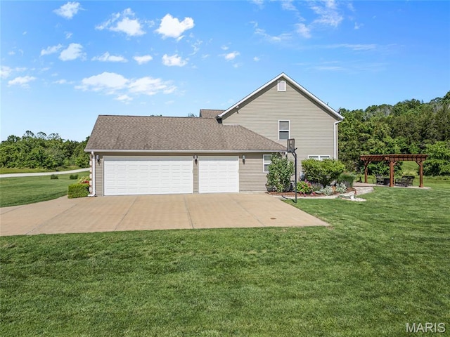 8525 Sagamore Dr, Cedar Hill, MO 63016 - view of side of home with a pergola, an attached garage, a lawn, and concrete driveway