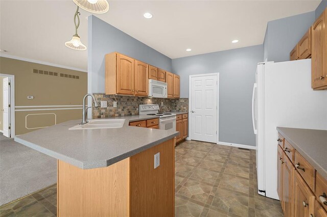 734 River Glen Dr, Ofallon, MO 63368 - kitchen with white appliances, a sink, a kitchen breakfast bar, tasteful backsplash, and a peninsula
