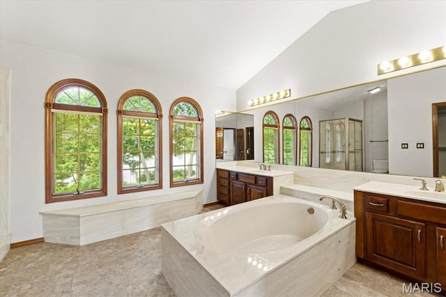 767 Carman Meadows Dr S, Manchester, MO 63021 - bathroom featuring lofted ceiling, a garden tub, two vanities, and a stall shower