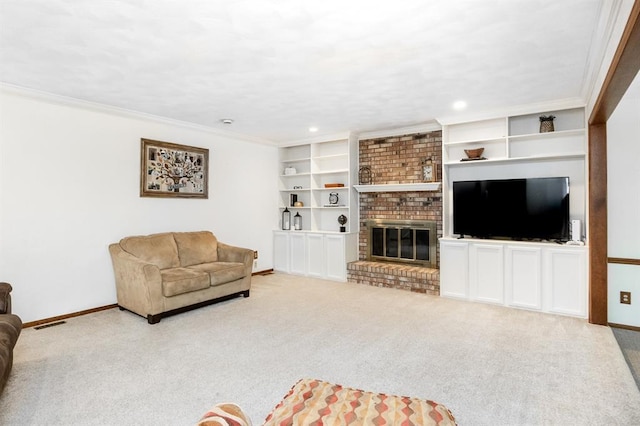 14 Shallowbrook Dr, Ofallon, IL 62269 - living room with carpet floors, baseboards, ornamental molding, a brick fireplace, and built in features