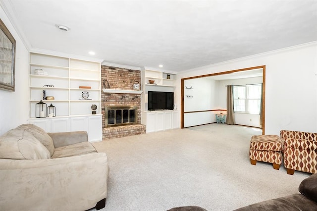 14 Shallowbrook Dr, Ofallon, IL 62269 - carpeted living room featuring crown molding, built in features, a fireplace, and recessed lighting
