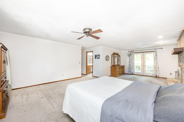 14 Shallowbrook Dr, Ofallon, IL 62269 - bedroom featuring light colored carpet, baseboards, access to exterior, a fireplace, and french doors