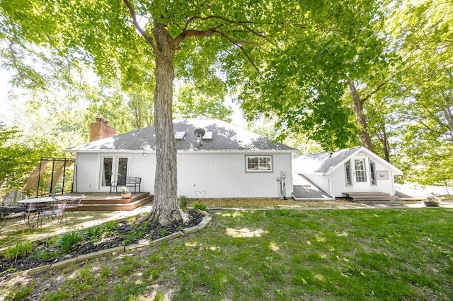 14 Shallowbrook Dr, Ofallon, IL 62269 - rear view of property featuring french doors, a deck, a chimney, and a yard