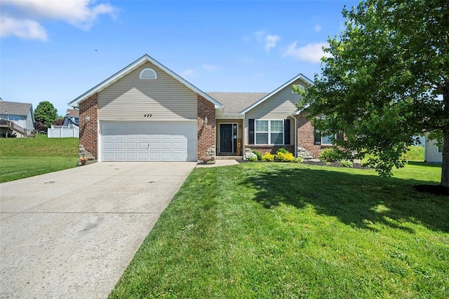 433 Fawn Run Dr, Troy, MO 63379 - ranch-style house with an attached garage, driveway, a front yard, and brick siding