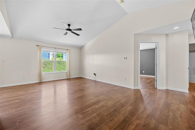 433 Fawn Run Dr, Troy, MO 63379 - unfurnished living room with ceiling fan, vaulted ceiling, wood finished floors, and baseboards