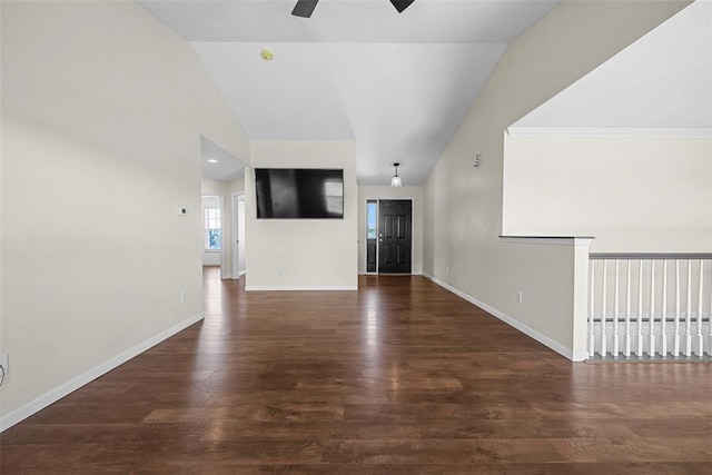 433 Fawn Run Dr, Troy, MO 63379 - unfurnished living room with ceiling fan, wood finished floors, baseboards, and high vaulted ceiling