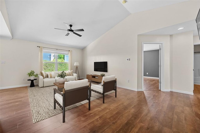 433 Fawn Run Dr, Troy, MO 63379 - living room with lofted ceiling, a ceiling fan, wood finished floors, and baseboards