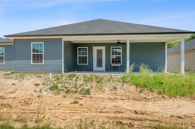 5357 Buckeye Pass, Jackson, MO 63755 - back of property with a ceiling fan, a shingled roof, and covered porch