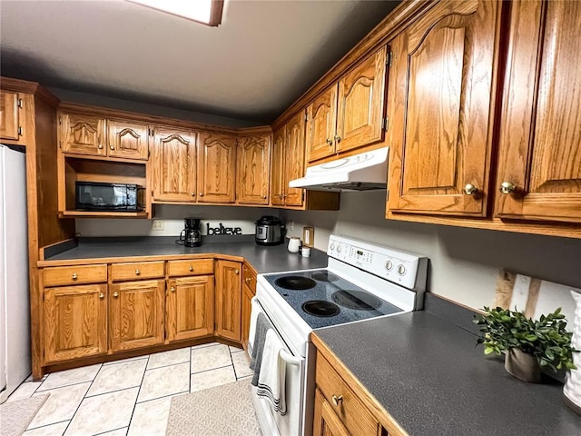 619 Cleveland St, Paris, MO 65275 - kitchen featuring white range with electric stovetop, under cabinet range hood, black microwave, and brown cabinetry