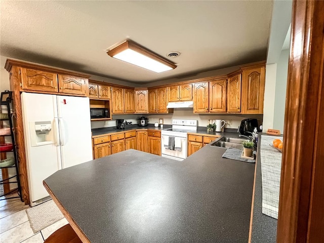 619 Cleveland St, Paris, MO 65275 - kitchen with white appliances, under cabinet range hood, a sink, a peninsula, and brown cabinetry