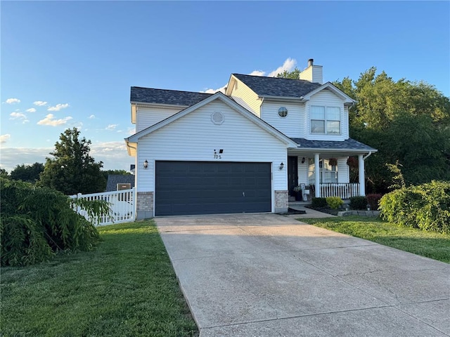 102 Riverview Bend Estates Dr, Crystal City, MO 63019 - traditional-style house with a porch, a garage, concrete driveway, and a chimney