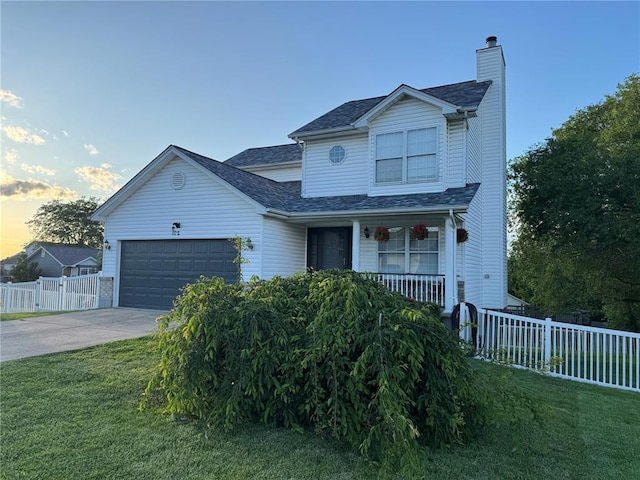 102 Riverview Bend Estates Dr, Crystal City, MO 63019 - traditional-style house with a porch, a chimney, an attached garage, concrete driveway, and roof with shingles