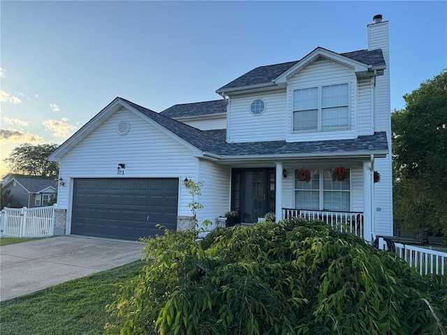 102 Riverview Bend Estates Dr, Crystal City, MO 63019 - traditional home featuring a garage, driveway, covered porch, a chimney, and a shingled roof