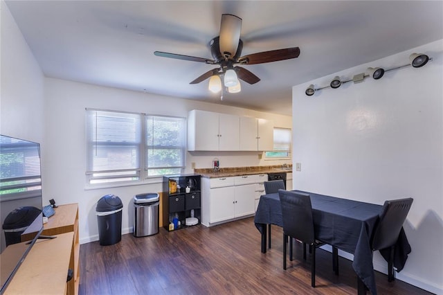 6691 Parker Rd Unit A, Florissant, MO 63033 - kitchen featuring a ceiling fan, white cabinetry, and dark wood finished floors