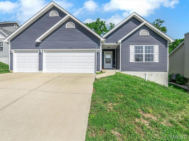 1109 Foxwood Estates Dr, Arnold, MO 63010 - single story home featuring driveway, an attached garage, a front lawn, and central air condition unit