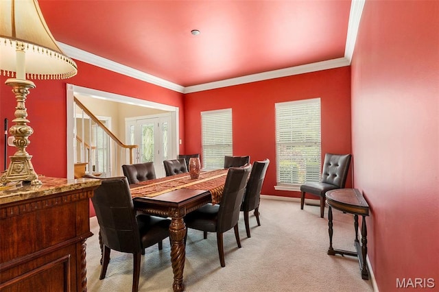 1575 Uthoff Dr, Fenton, MO 63026 - dining room featuring crown molding, healthy amount of natural light, and light carpet