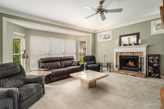 1575 Uthoff Dr, Fenton, MO 63026 - living area featuring carpet, a fireplace, crown molding, a ceiling fan, and healthy amount of natural light