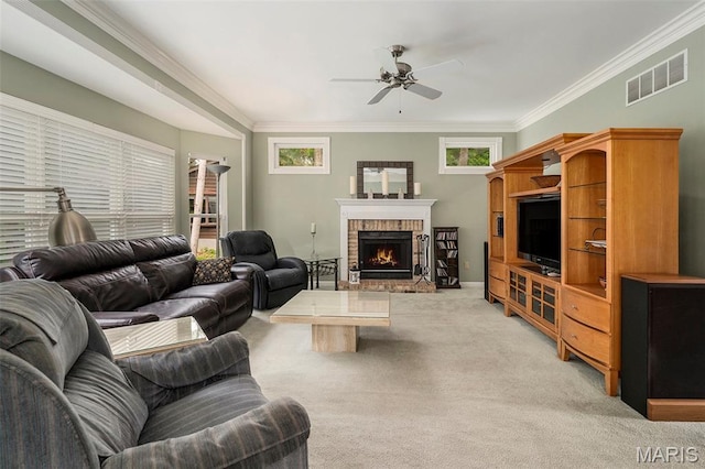 1575 Uthoff Dr, Fenton, MO 63026 - living area with a ceiling fan, light carpet, ornamental molding, and a brick fireplace