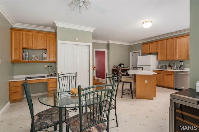 1575 Uthoff Dr, Fenton, MO 63026 - kitchen featuring dishwasher, freestanding refrigerator, ornamental molding, ceiling fan, and a center island