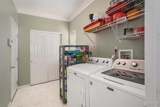 1575 Uthoff Dr, Fenton, MO 63026 - laundry area featuring washer and dryer, ornamental molding, and light floors