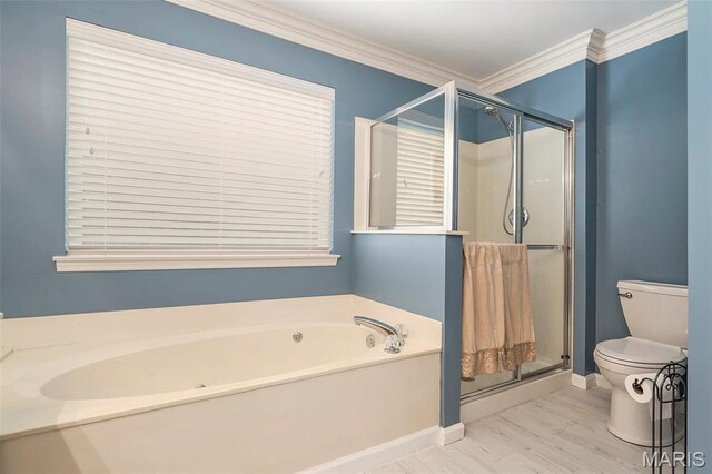 1575 Uthoff Dr, Fenton, MO 63026 - bathroom with a garden tub, wood finished floors, a shower stall, and crown molding
