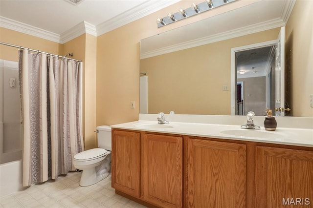 1575 Uthoff Dr, Fenton, MO 63026 - full bath featuring double vanity, ornamental molding, shower / bath combo with shower curtain, and tile patterned floors