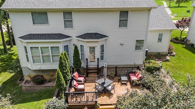 1575 Uthoff Dr, Fenton, MO 63026 - rear view of property with a deck, a shingled roof, a yard, and outdoor lounge area
