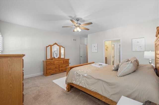 1355 Bloomfield Dr, Eureka, MO 63025 - bedroom featuring light colored carpet, baseboards, a ceiling fan, and connected bathroom