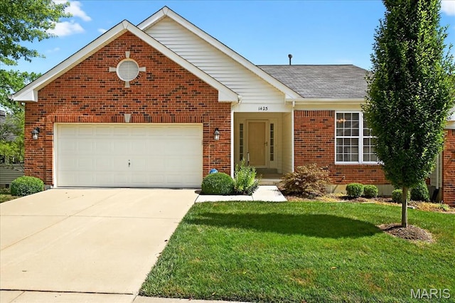 1423 Villas Estates Dr, Saint Louis, MO 63026 - view of front of home featuring concrete driveway, brick siding, a front yard, an attached garage, and a shingled roof