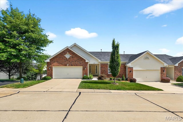 1423 Villas Estates Dr, Saint Louis, MO 63026 - view of front facade with brick siding, concrete driveway, an attached garage, and a front yard