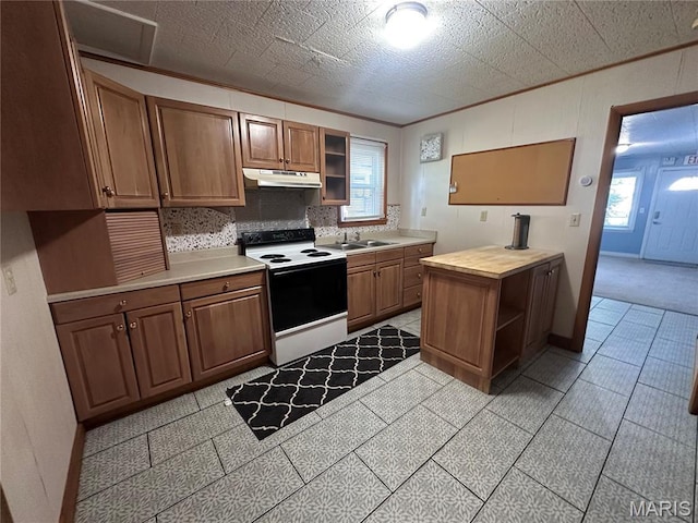 417 S Kingshighway St, Sikeston, MO 63801 - kitchen with white electric range oven, under cabinet range hood, backsplash, healthy amount of natural light, and ornamental molding