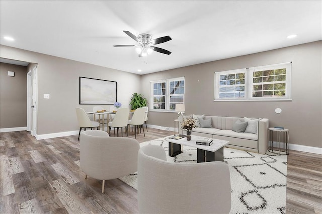 113 Brand Ave, Red Bud, IL 62278 - living room featuring wood finished floors, baseboards, ceiling fan, and recessed lighting