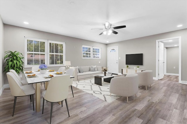 113 Brand Ave, Red Bud, IL 62278 - living room featuring a ceiling fan, wood finished floors, baseboards, and recessed lighting
