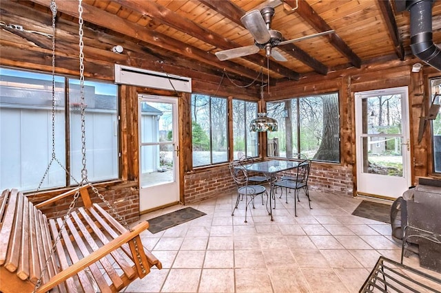 12810 Big Bend Rd, Kirkwood, MO 63122 - sunroom with wooden ceiling with exposed beams, brick wall, and tile patterned flooring