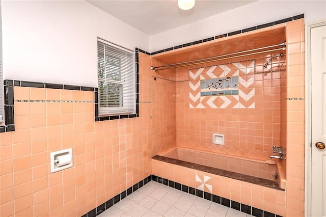 12810 Big Bend Rd, Kirkwood, MO 63122 - full bath with tile patterned floors, tiled shower / bath combo, and tile walls