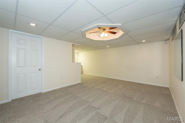 1105 Big Bend Crossing Dr, Manchester, MO 63088 - basement with carpet flooring, a drop ceiling, ceiling fan, recessed lighting, and baseboards