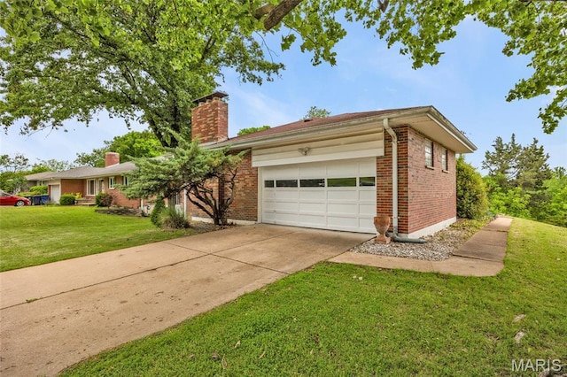 8967 New Sappington Rd, Crestwood, MO 63126 - ranch-style house with brick siding, a chimney, a garage, driveway, and a front lawn
