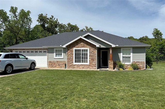 224 Ridgeview Dr, Saint Robert, MO 65584 - craftsman-style home with stone siding, a garage, a front yard, and a shingled roof