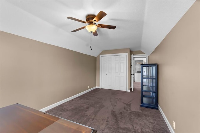 1014 Trailridge Dr, Jackson, MO 63755 - unfurnished bedroom with a closet, lofted ceiling, baseboards, carpet flooring, and a ceiling fan