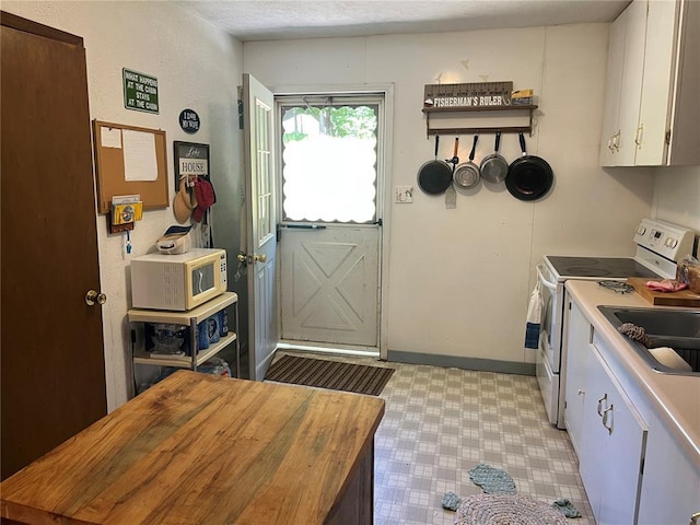 194 Craft Subdivision Rds, Greenville, MO 63944 - kitchen featuring white appliances, light flooring, white cabinetry, butcher block countertops, and baseboards