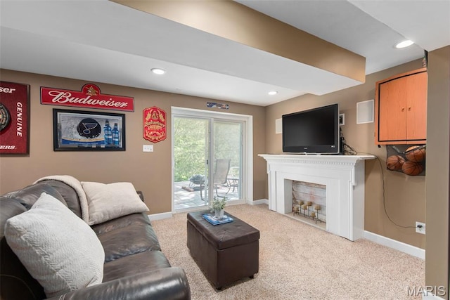 2854 Championship Blvd, Saint Louis, MO 63129 - living area with baseboards, a fireplace, carpet flooring, and recessed lighting