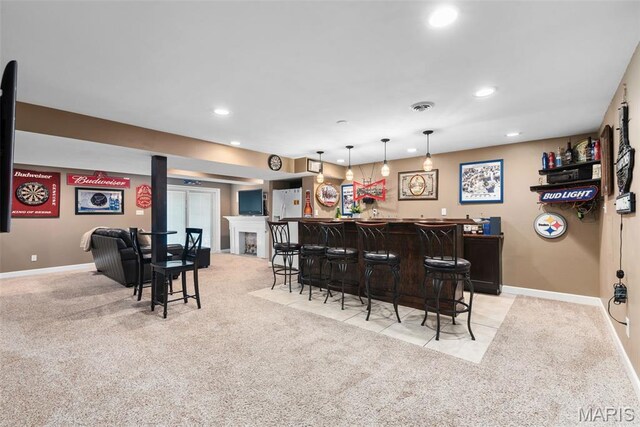 2854 Championship Blvd, Saint Louis, MO 63129 - indoor bar featuring light colored carpet, recessed lighting, baseboards, and decorative light fixtures