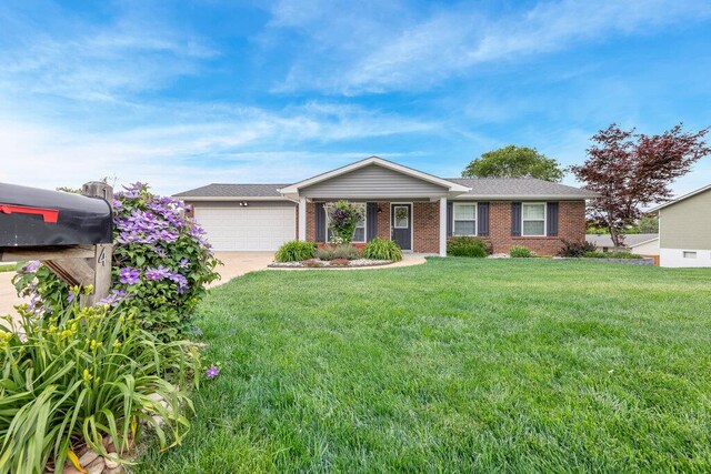 1354 Nutmeg Dr, Saint Charles, MO 63303 - ranch-style house featuring a garage, brick siding, a front lawn, and concrete driveway